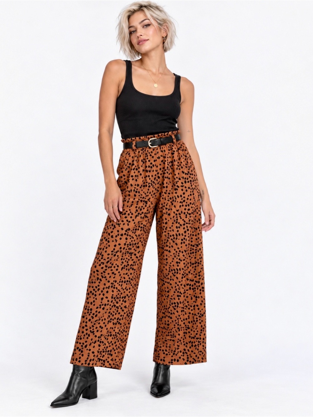 Brown Black Abstract Animal Print High Rise Paperbag Waist Wide Leg Pants XS